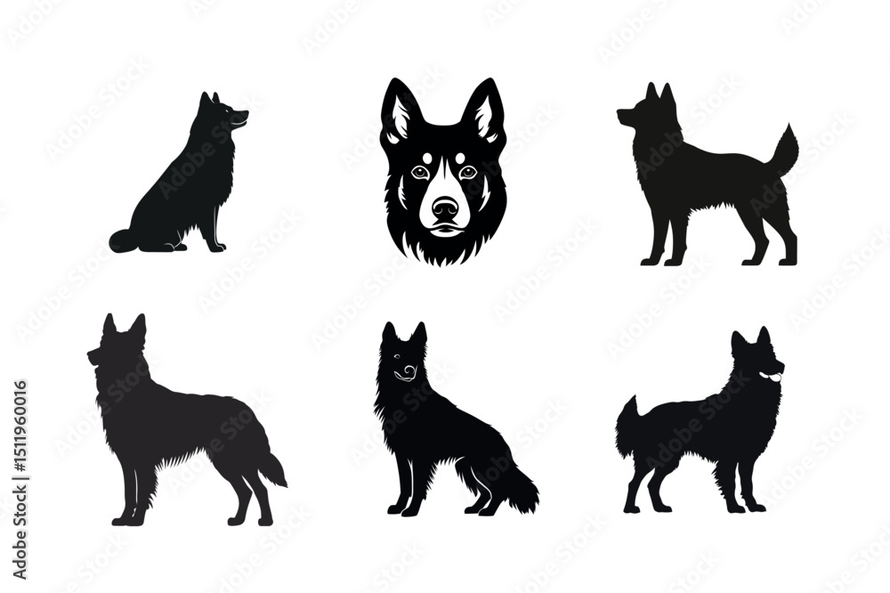 Six black dog silhouettes in various poses Six black dog silhouettes in various poses