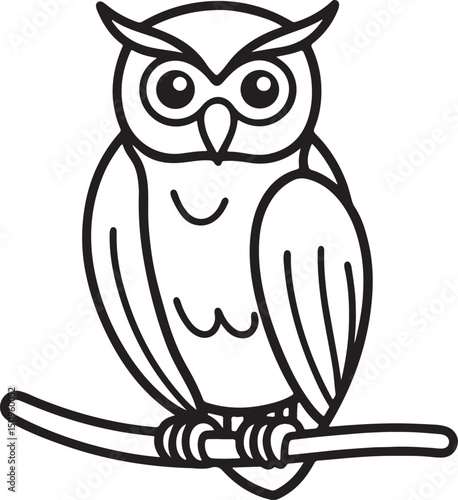 owl sitting on branch line art, black outline, vector and illustration, coloring book page line art drawing