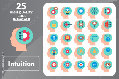 Intuition Flat Icon Set. Incleded Icons Intuition, Consideration, Mentally fine, Opportunity, Critical thinking, Extrovert. Vector Icons Collection
