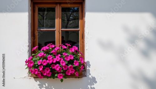sunlit white wall with wooden framed window, overflowing flower box of pink petunias, serene and elegant