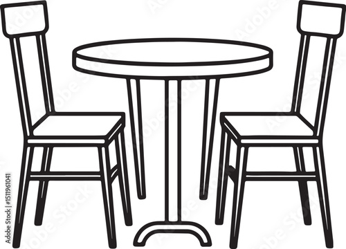 dining table and chairs line art, black outline, vector and illustration, coloring book page line art drawing