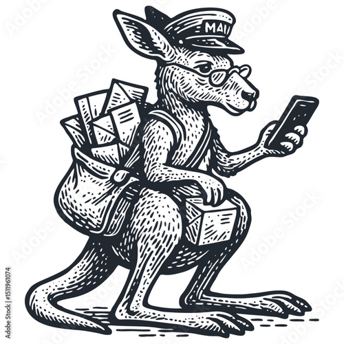 Vintage engraving style vector of a kangaroo mail carrier. He wears a postman's hat, spectacles, carries a mailbag with letters and a parcel, looking at smartphone.