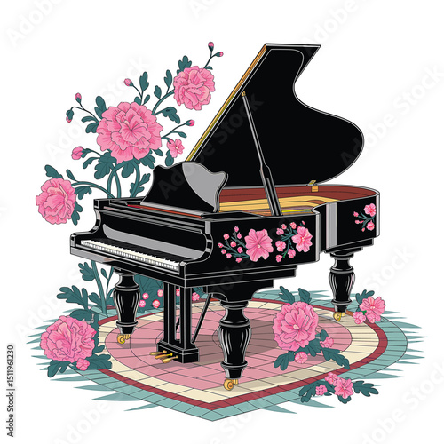 Elegant Black Grand Piano Surrounded by Vibrant Flowers