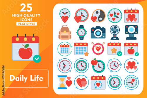 Daily Life Flat Icon Set. Incleded Icons Lifetime, Love time, Yin yang, Lifespan, Romantic date, Bagpack, Watch, Camera, Fan, Webcam. Vector Icons Collection