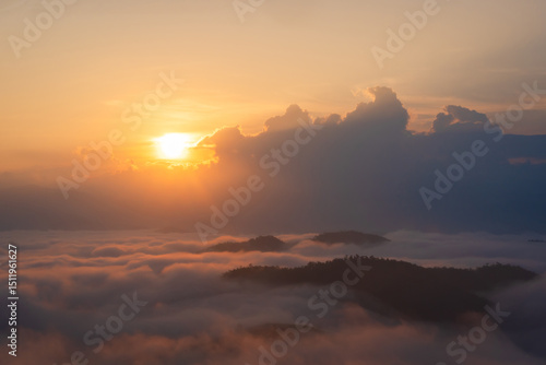 The beautiful natural landscape is a sea of mist in the morning, the movement of the fog covering the Mountain—tourism to enjoy the natural beauty of Mae Chaem, Chiang Mai, Northern Thailand.