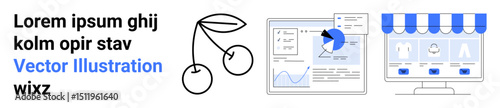Minimal dashboard data charts, cherry graphic, and storefront. Ideal for business analytics, digital marketing, sales tracking, productivity tools, online shopping, e-commerce setup simple landing