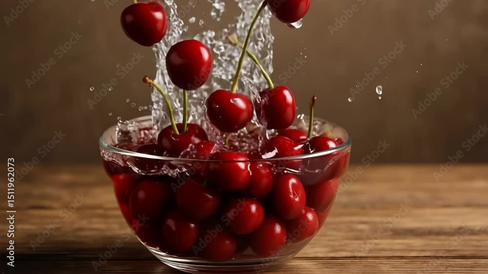 Red cherries falling into a clear bowl with water splashing on a wooden surface background studio shot 4k uhd video Red cherries falling into a clear bowl with water splashing on a wooden surface background studio shot 4k uhd video