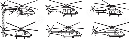 set of military helicopter line art, black outline, vector and illustration, coloring book page line art drawing