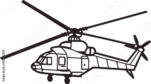 military helicopter line art, black outline, vector and illustration, coloring book page line art drawing