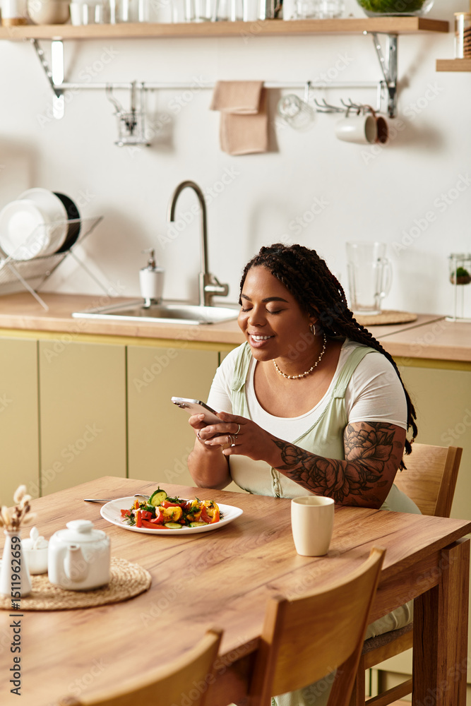 Young woman enjoys a healthy salad during lunch at home while using her phone Young woman enjoys a healthy salad during lunch at home while using her phone