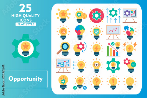 Opportunity Flat Icon Set. Incleded Icons Enrichment, Development, Novelty, Innovation, Invention, Testing, Originality, Mark, Arrow, Idea. Vector Icons Collection
