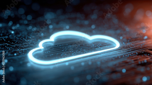 Glowing cloud symbol on a circuit board, representing cloud computing and digital technology