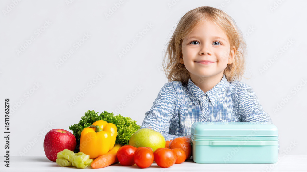 A young child is smiling and happy beside a lunchbox and fresh vegetables. The child sits next to an array of colorful produce A young child is smiling and happy beside a lunchbox and fresh vegetables. The child sits next to an array of colorful produce