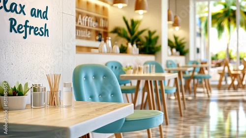 Cozy cafe interior with bright natural light and tropical decor for a relaxing atmosphere.