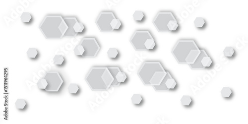 An abstract background composed of numerous light gray hexagons of varying sizes, randomly scattered and subtly overlapping, with soft drop shadows, creating a delicate, floating, 