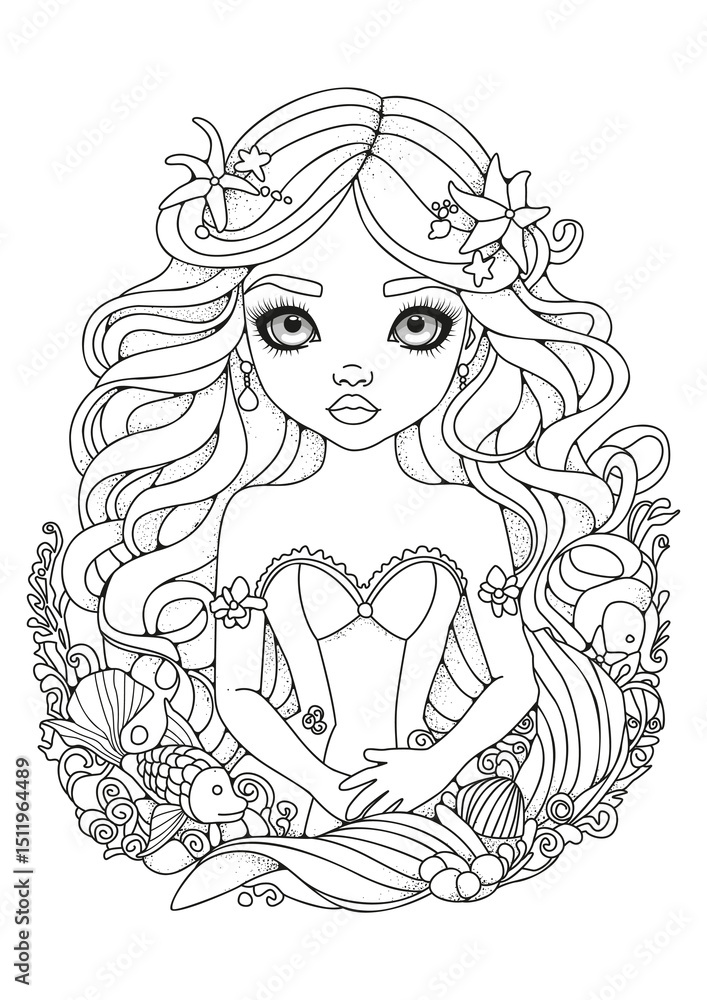 Portrait of a cute mermaid with long wavy hair. Coloring page for kids and adults. Art therapy. Portrait of a cute mermaid with long wavy hair. Coloring page for kids and adults. Art therapy.