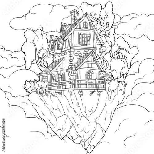 Vector illustration, old house on a flying island