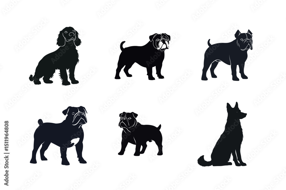 Naklejka premium Six dog breed silhouettes black and white