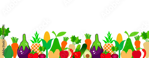 Abundant Fruits and Vegetables Border Colorful Farm Fresh Produce Design, Ideal for Healthy Eating, Cooking, Grocery, and Organic Food Concepts.