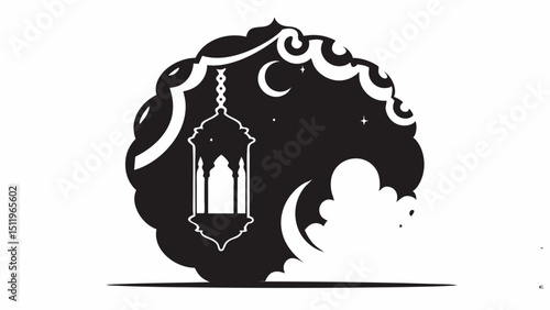 Illustration of a lantern hanging in a cloudy night sky with moon and stars in black and white theme design created with generated ai