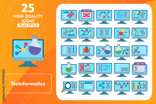 Bioinformatics Flat Icon Set. Incleded Icons Biotechnology, Website, Molecular, Bioengineering, Analytics, Data analytics, Enzyme, Monitoring. Vector Icons Collection