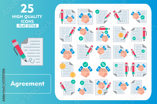 Agreement Flat Icon Set. Incleded Icons Job, Agreement, Contract, Deal, File, Employment, Business, Paper, Arrangement, Handshake, Document, Sign, Certainty, Signature. Vector Icons Collection