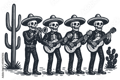 Vector illustration of a skeletal mariachi band with sombreros playing guitar and trumpet near a cactus. Traditional Day of the Dead (Dia de los Muertos) theme.