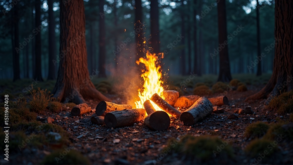 Campfire in a tranquil forest at night. Campfire in a tranquil forest at night.