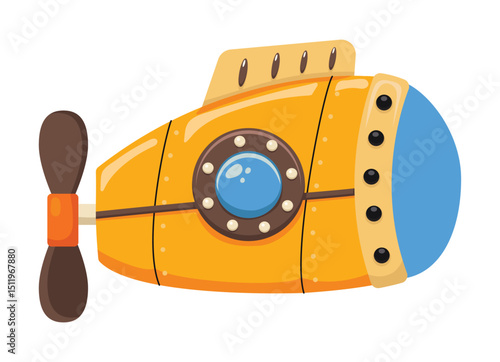 Bright bathyscaphe. Cute yellow submarine in cartoon style. Underwater transport. Vector illustration.