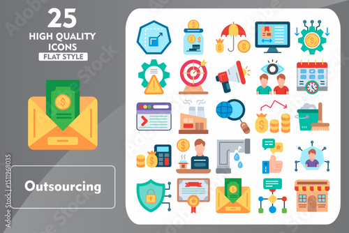 Outsourcing Flat Icon Set. Incleded Icons Scalable, Saving Money, Insurance, Product Design, Cost, Risk Management, Target, Promote. Vector Icons Collection