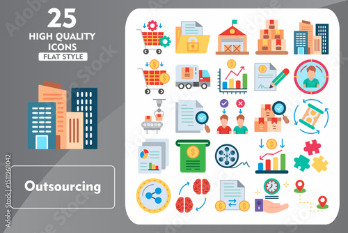 Outsourcing Flat Icon Set. Incleded Icons Procurement, Audit, Reduce, Puzzle, Share, Knowledge Transfer, Transaction, Save Time. Vector Icons Collection
