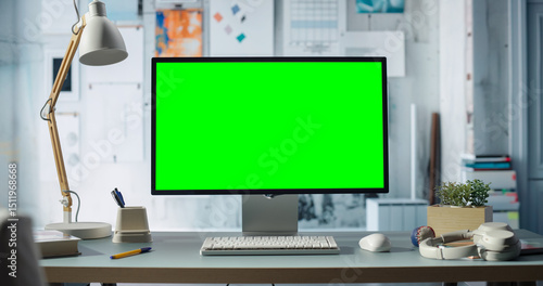 Obraz na płótnie Desktop Computer With Green Chroma key Screen Is on Desk in Modern Home Office,