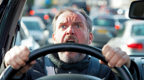A commuter stuck in heavy traffic gripping the steering wheel in frustration showing daily aggravation