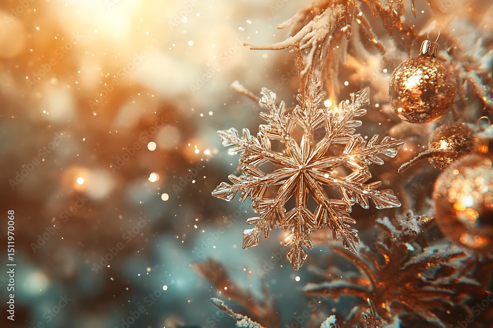 Obraz premium A festive Christmas decoration with glittery snowflakes and golden baubles.