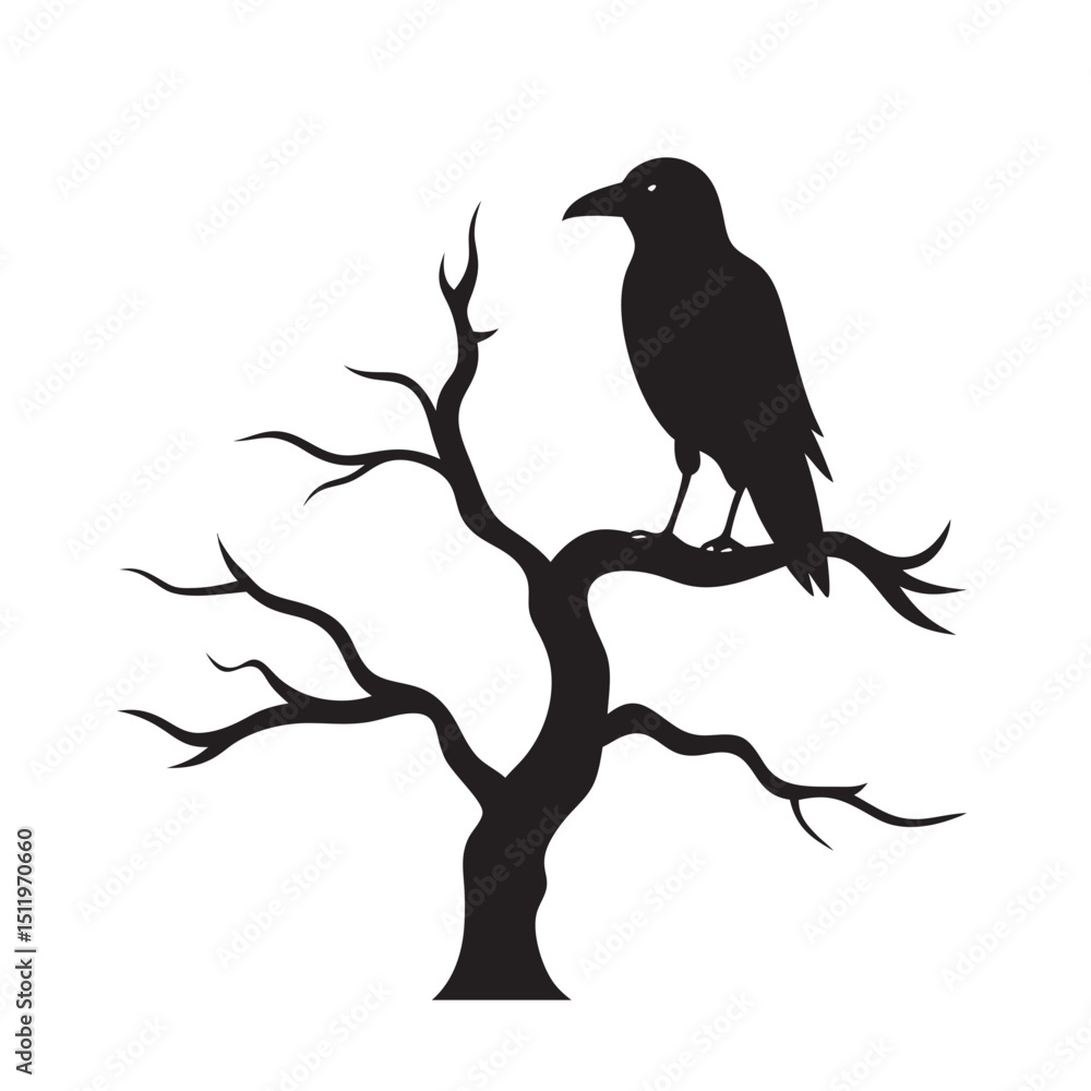 Obraz premium Lonely Crow On Crooked Tree Branch