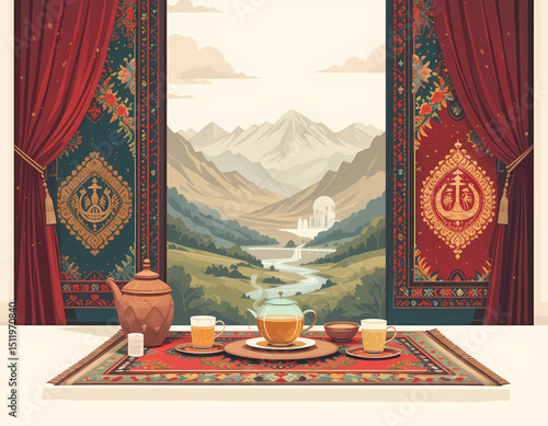 Flat vector art of Afghanistan with cultural carpets and traditional tea sets.