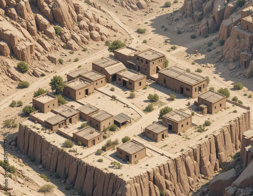 Isometric village scene in Afghanistan with adobe houses and rugged terrain.