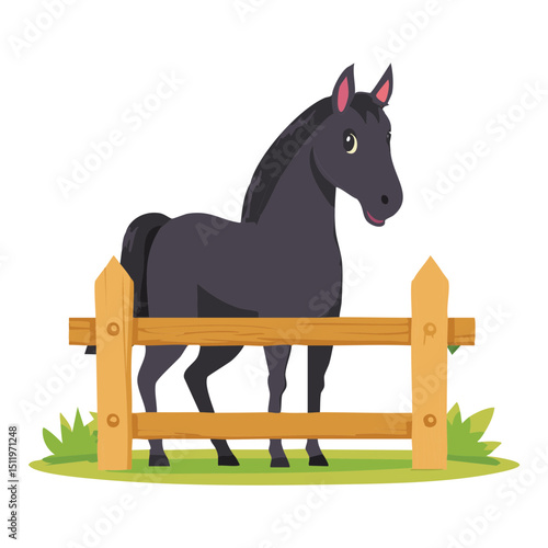 Black Horse Behind Wooden Ranch Fence