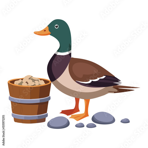 Duck Eating from Wooden Food Bucket
