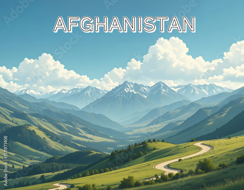 Tourism poster vector of Afghanistan featuring scenic valleys and trails.
