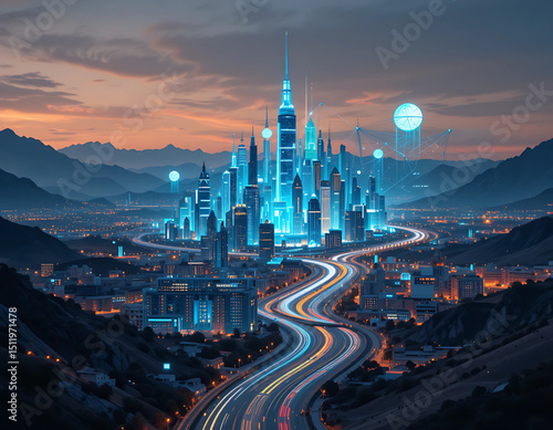 Futuristic vector concept of Afghanistan showing digital city transformation.