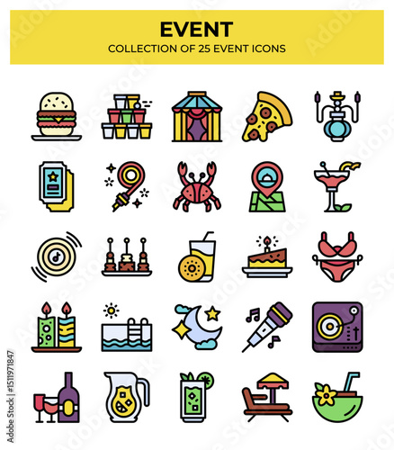 Event Icons Collection. 25 Colorful Summer Party & Celebration Icons