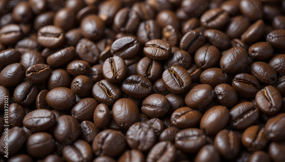 Fototapeta premium Roasted Coffee Beans Full Frame Background: A close-up, top-down view of a rich, textured surface of freshly roasted brown coffee beans, perfect for culinary or beverage themes.