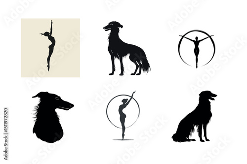 Silhouette set gymnast and borzoi dog