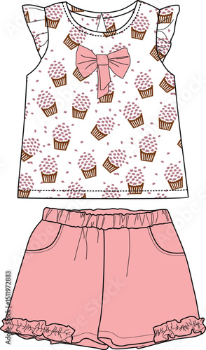 girls top skirt cupcake all over pattern print illustrations vector art