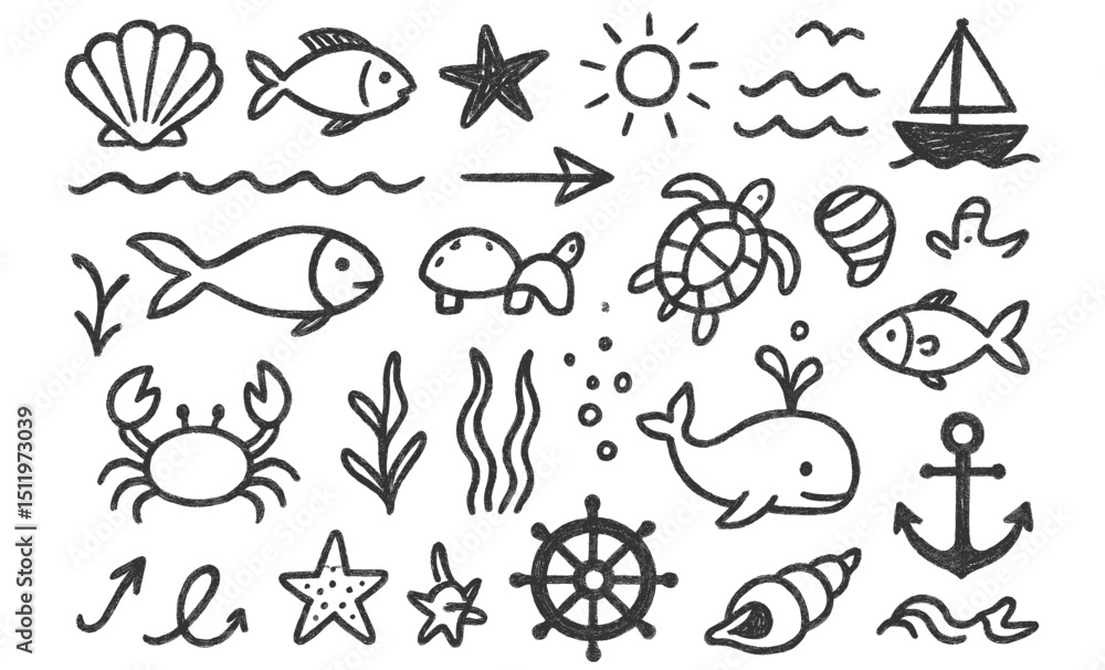 Fototapeta premium Marine Doodles with Boats and Underwater Life