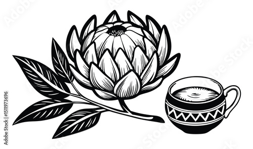 King protea flower with cup of tea line art