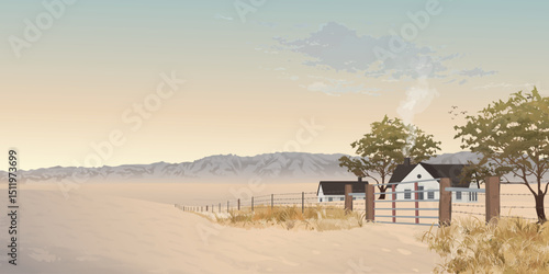 Country house in farmland in autumn have  mountain ranges far away and vanilla sky background graphic illustration.