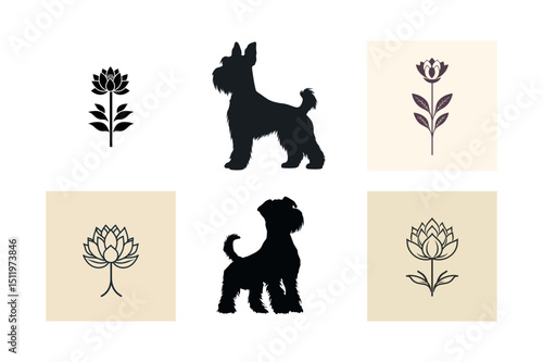 Miniature schnauzer and flower silhouettes set