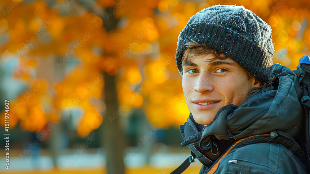 Young man with winter hat smiling in autumn park surrounded by vibrant orange foliage Young man with winter hat smiling in autumn park surrounded by vibrant orange foliage